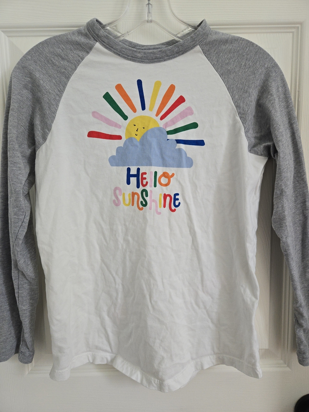 EUC Sz.12 Hanna Andersson White & Gray 'Hello Sunshine' Long Sleeve Raglan Tee